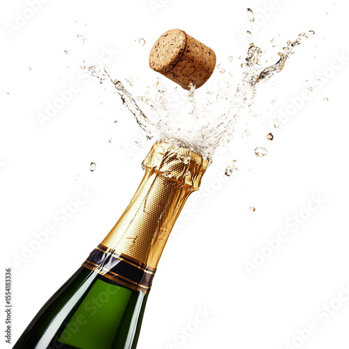 ai image capturing the explosive moment a champagne cork pops off the bottle, creating a dynamic splash against white background.