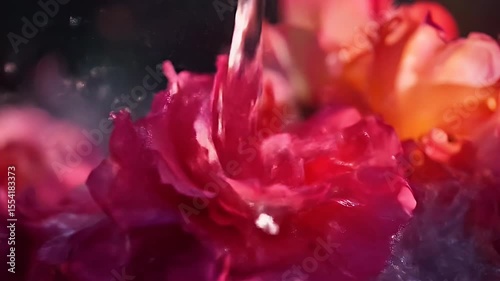 Water Pouring on Vibrant Pink and Red Rose Blossom with Dark Background Macro Shot Showcasing Petals and Water Droplets for Adobe Stock