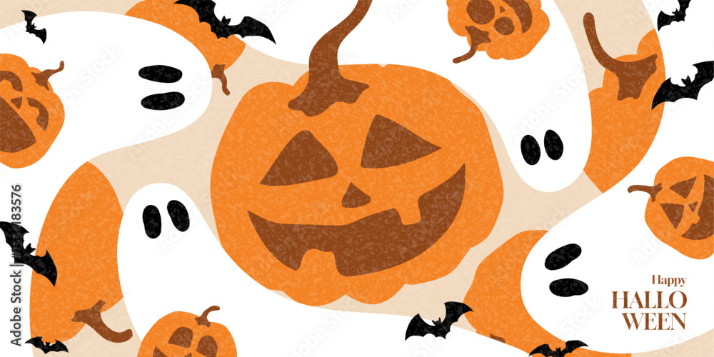 Obraz premium Happy Halloween holiday banner. Flat vector illustration with hand-drawn pumpkins, ghosts, bats. Cartoon Halloween gift card. Trendy banner for decoration cover, poster, card, social media, event.