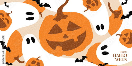 Happy Halloween holiday banner. Flat vector illustration with hand-drawn pumpkins, ghosts, bats. Cartoon Halloween gift card. Trendy banner for decoration cover, poster, card, social media, event.