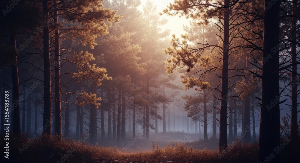Fototapeta premium Misty Forest Morning Sunlight Through Pine Trees Pathway Landscape