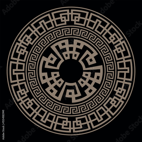 Greek gold round pattern on white background. Decorative round frame. Abstract vector geometric ornament. Golden Greek key meanders. Vector illustration. Classic egyptian, assyrian, greek motives