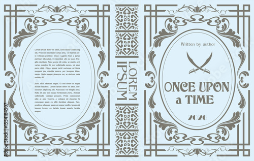 026-03-Classic book cover design with vintage frames, crossed swords, and placeholder text, evoking a sense of timeless elegance and adventure. Hand drawn illustration