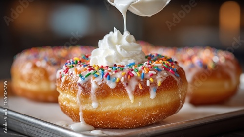 Delicious glazed donuts with colorful sprinkles and creamy topping indulgence