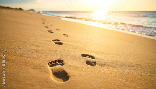 Sunset beach scene with a set of footprints leading towards a sunlit ocean
