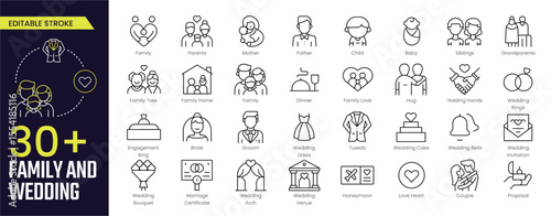 Family and Wedding Editable Stroke icon collections. Containing Family, Parents, Mother, Father, Child, Baby, Bride, Honeymoon and Ring icons. Editable Stroke icon collection Outline icon