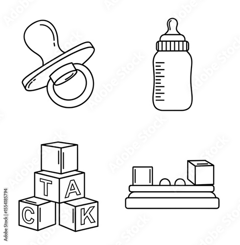 Outlined drawing showcasing baby items including a pacifier bottle blocks and a toy with balls