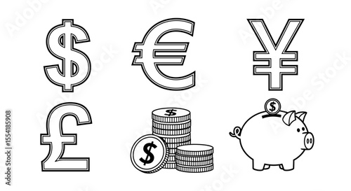 Outlined currency symbols including dollar euro yen pound coins and a piggy bank illustration design