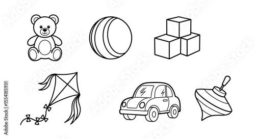 Outlined drawing showcasing a collection of various toys including a teddy bear and a toy car design