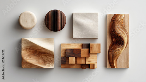 Diverse textured wooden pieces arranged artfully. Background or design element for woodworking, crafts, interior decoration, or pattern backgrounds.