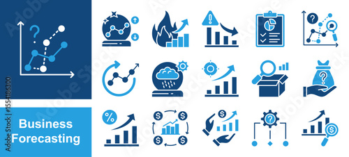 Business Forecasting icon set, with Prediction, Trend, Data, Analysis, Demand, Revenue