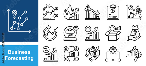 Business Forecasting icon set, with Prediction, Trend, Data, Analysis, Demand, Revenue