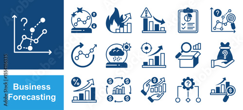 Business Forecasting icon set, with Prediction, Trend, Data, Analysis, Demand, Revenue