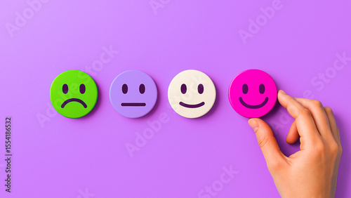 Wooden circle emoji-style icons showing multiple moods, representing customer review reactions from happy to dissatisfied, used in survey, feedback, or rating systems