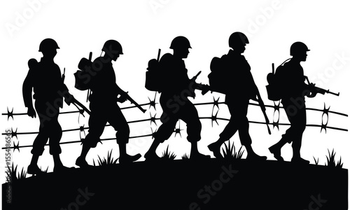 Silhouette of soldiers walking with rifles past barbed wire on a white background illustration