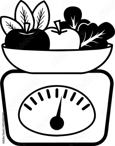 Healthy food for weight loss, SVG with clean lines. Fresh Fruits and Vegetables on Kitchen Scale Illustration