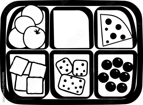 Healthy food for weight loss, SVG with clean lines. Colorful Lunch Tray with Various Fruits and Snacks
