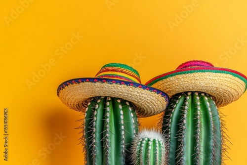 image has created an image of a cactus donning a colorful Mexican sombrero, placed in front of a festive Cinco de Mayo celebration background