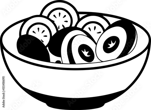 Healthy food for weight loss, SVG with clean lines. Fresh and Healthy Fruit Bowl with Sliced Kiwi and Lemon