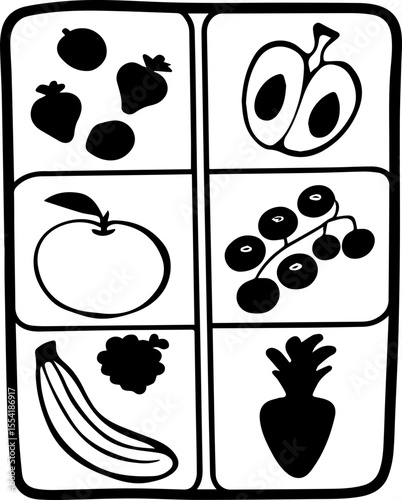 Healthy food for weight loss, SVG with clean lines. Silhouette Design of Various Fruits in Six Sections