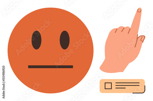 Neutral emotion face with a straight mouth, pointing hand upward, and identification card. Ideal for identity, emotion, communication, decision, direction, instruction approval simple flat metaphor