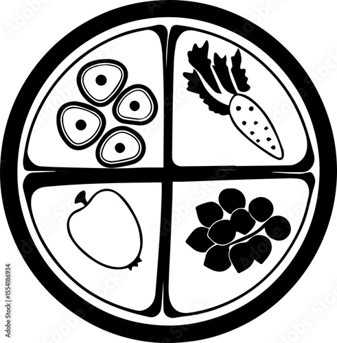 Healthy food for weight loss, SVG with clean lines. Black and White Icon of Divided Plate with Vegetables