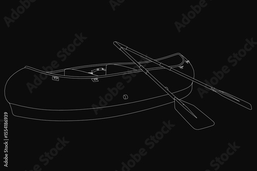 A black and white drawing of a canoe with two oars, featuring clean lines and a stark black background for contrast. The minimalist design highlights the boat's elegant silhouette and simple details.
