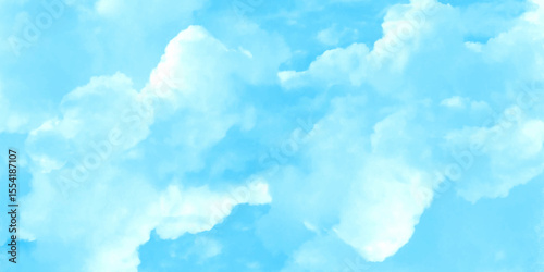 Abstract background with panorama of blue sky and white cloud nature design. horizon spring morning sky with clouds background. hand painted watercolor shades sky clouds.