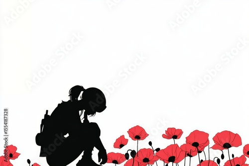 Remembrance Day is commemorated with a background design of a soldier's silhouette amidst a poppy field photo