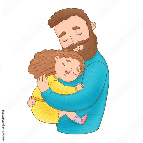 Happy cute kid girl hugging dad love.
