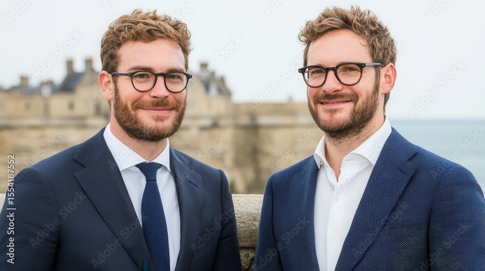 Working in Alternative Situations Concept. Professional Men with Glasses Smiling at Camera Near Historic Building by the Water Working in Alternative Situations Concept. Professional Men with Glasses Smiling at Camera Near Historic Building by the Water