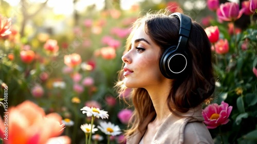 Woman in headphones enjoying music in a beautiful flower garden