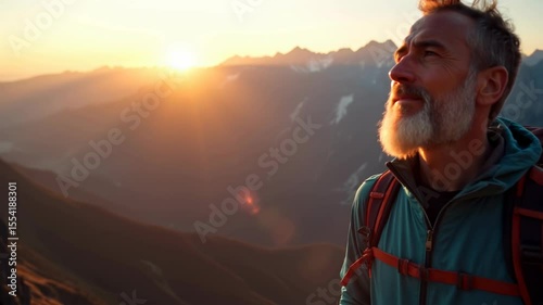 Man on mountains at sunset enjoying the view after hiking