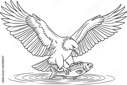 eagle, majestic bird, spreading wings, perched on rock, dynamic pose, monochrome, detailed illustration
