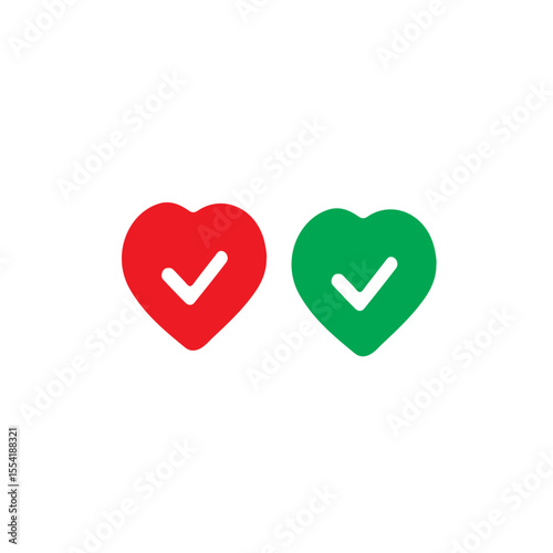 Two hearts one red and one green with checkmarks inside them