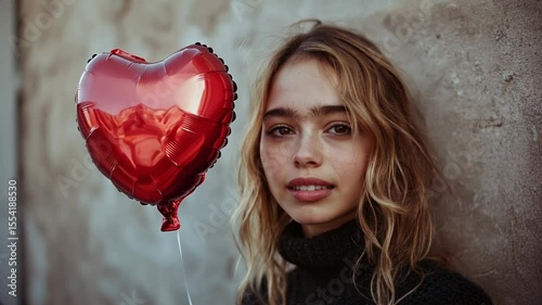 Young woman with a red heart balloon against a textured wall.