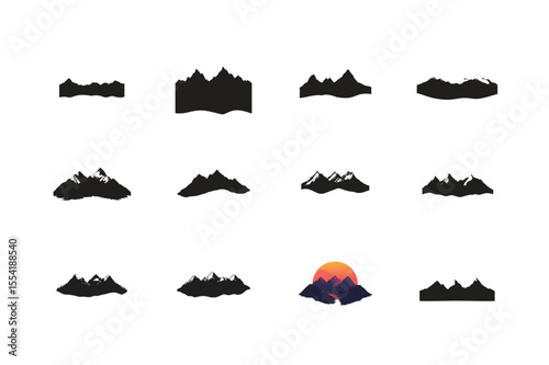 A seamless pattern of black camping icons features various nature, transport, and weather elements like mountains, cars, sun, and clouds, ideal for a vector illustration set