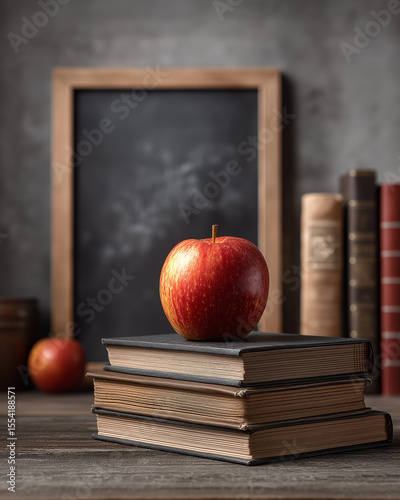Chalkboard, Apple, and Books on Desk – Classic School Scene with Large Blank Blackboard Space in Background for Education or Back-to-School Messaging