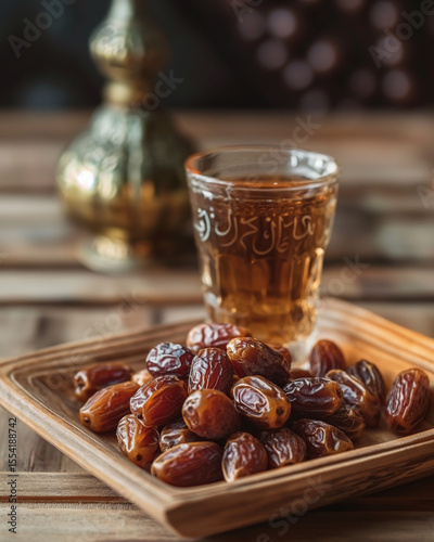 Dates and Glass of Water on Low Wooden Table – Traditional Islamic Iftar Theme with Clean Background Space for Ramadan Messaging or Branding