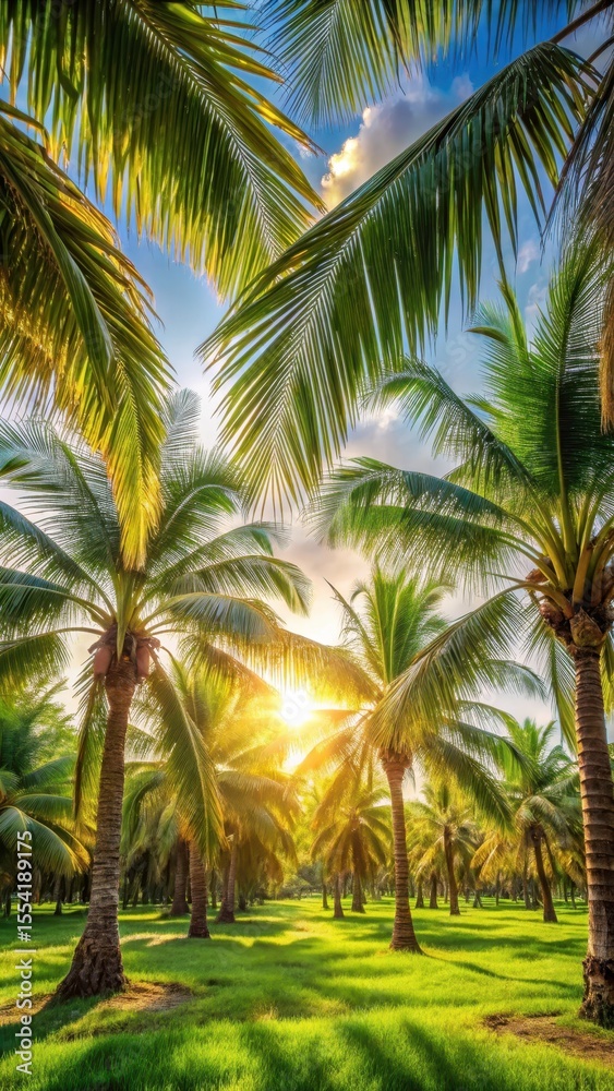 Fototapeta premium Palm trees swaying gently in the warm sunlight filtering through the leaves
