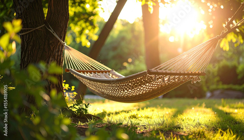 Serene hammock strung between trees in a sun-drenched park, gently swaying in a tranquil, verdant setting