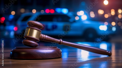 In the background, a blurred police vehicle accompanies a court gavel, highlighting issues of police corruption and misconduct