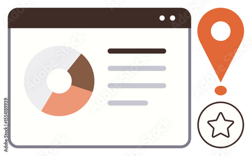 Browser window displaying a pie chart and text lines, with location marker and star rating badge. Ideal for data analysis, business planning, customer feedback, navigation, ratings, analytics, simple