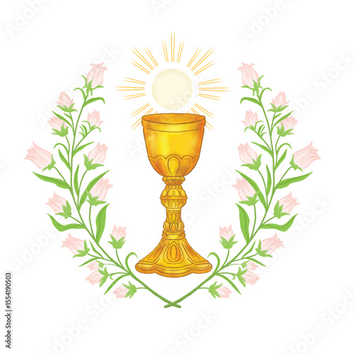 Eucharist symbols of bread and wine, chalice and host with wheat ears and grapes vine.