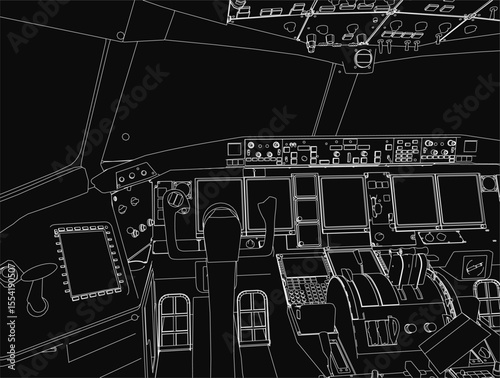 Black and white contour drawing of an aircraft cockpit, featuring detailed instrument panels, control levers, and navigation dials. The sketch highlights the complexity of aviation technology