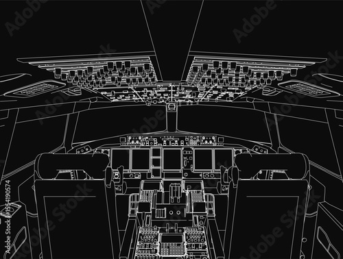 Black and white contour drawing of an aircraft cockpit featuring two seats, control panels, and various instruments against a dark background. The detailed sketch highlights the intricate interior.