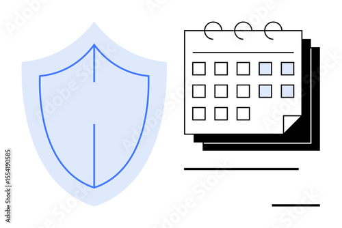 Shield next to a calendar symbolizing protection, time management, scheduling, and prioritization. Ideal for cybersecurity, insurance, risk management, productivity, event planning safety simple