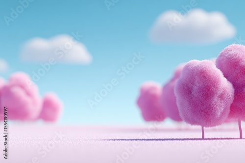 Whimsical landscape of fluffy pink trees against a pale blue sky with soft clouds creating a dreamy and fantastical visual