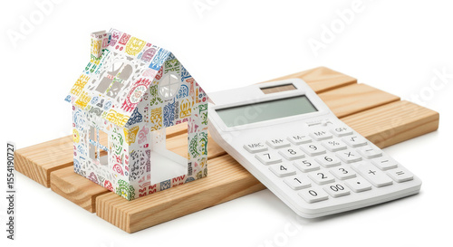 Colorful Miniature House and White Calculator on Light Wooden Planks Against a White Background Depicting Home Finance and Property Valuation