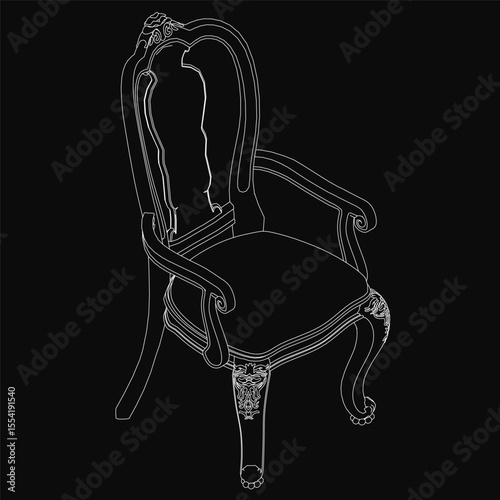 Classic black and white chair drawing with a curved backrest and armrests, upholstered neutral seat, and four slightly curved legs. The stark black background highlights the elegant silhouette